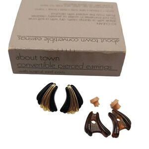 Avon 1985 About Town Convertible Earrings Brown Faux Tortoise Black Lucite Stud
